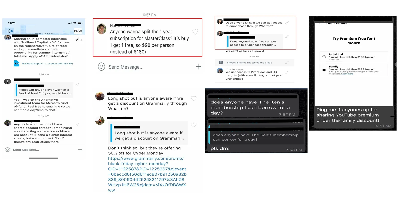 Screenshots of real group chat conversations across UPenn — students splitting and sharing subscription costs for MasterClass, Crunchbase, Grammarly, and streaming services